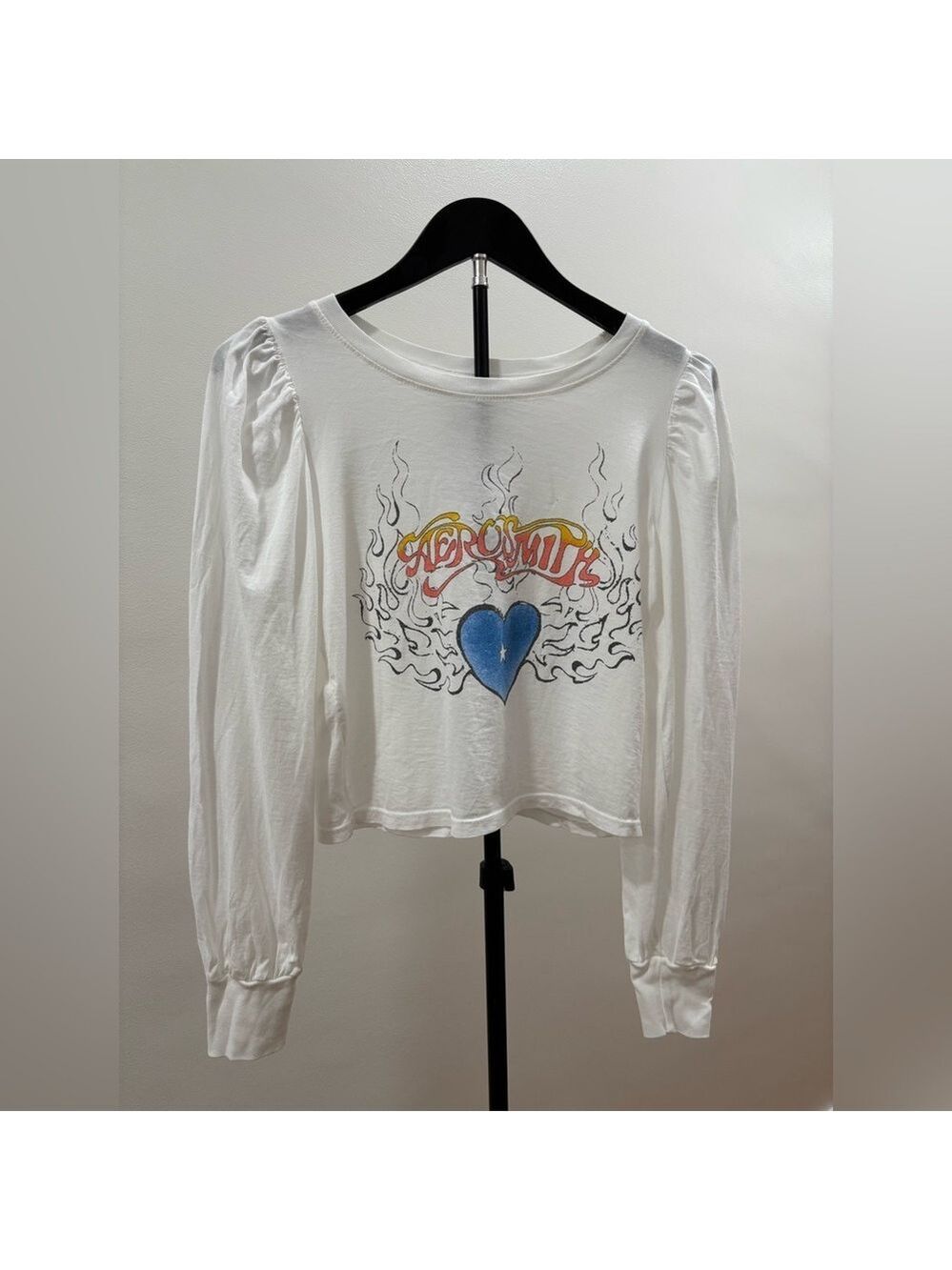 257. NWOT RECYCLED KARMA Aerosmith Puff Long Sleeve White Shirt